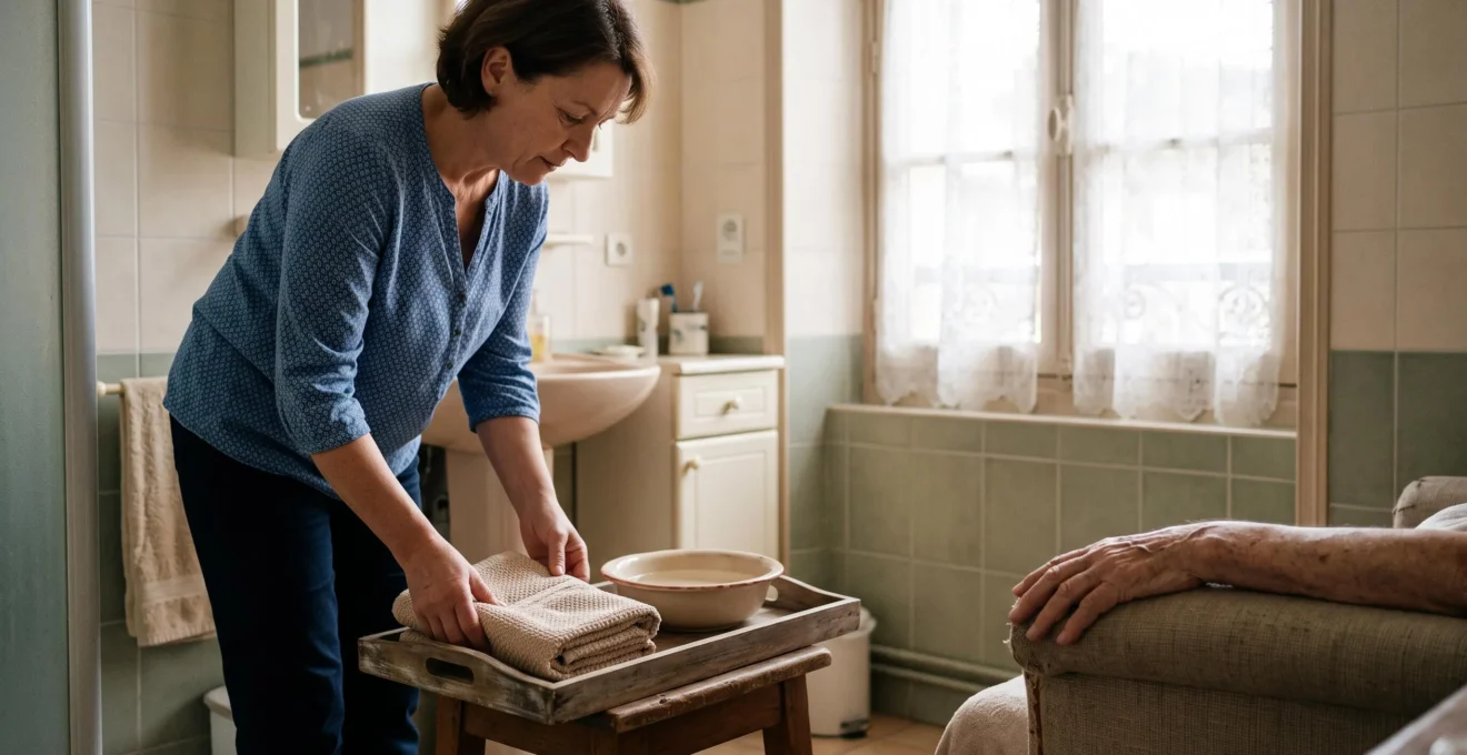 Aidant familial préparant avec douceur le nécessaire de toilette pour une personne âgée dans une salle de bain lumineuse et chaleureuse en France
