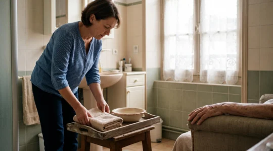 Aidant familial préparant avec douceur le nécessaire de toilette pour une personne âgée dans une salle de bain lumineuse et chaleureuse en France