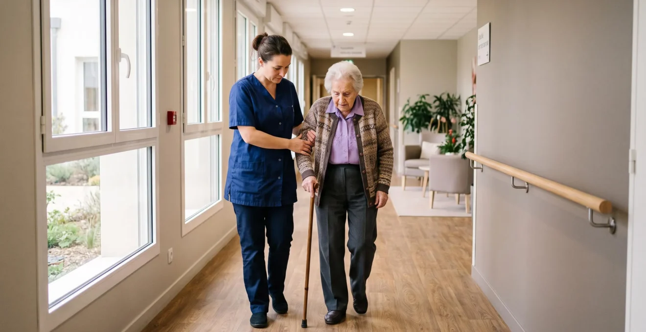 Aide-soignante accompagnant une personne âgée lors d'une marche dans le couloir d'un EHPAD moderne