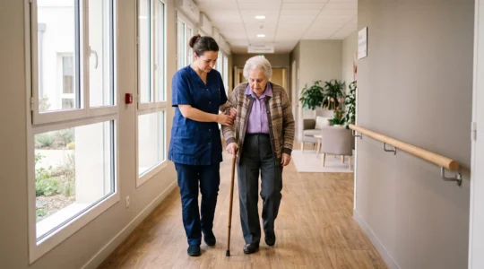 Aide-soignante accompagnant une personne âgée lors d'une marche dans le couloir d'un EHPAD moderne