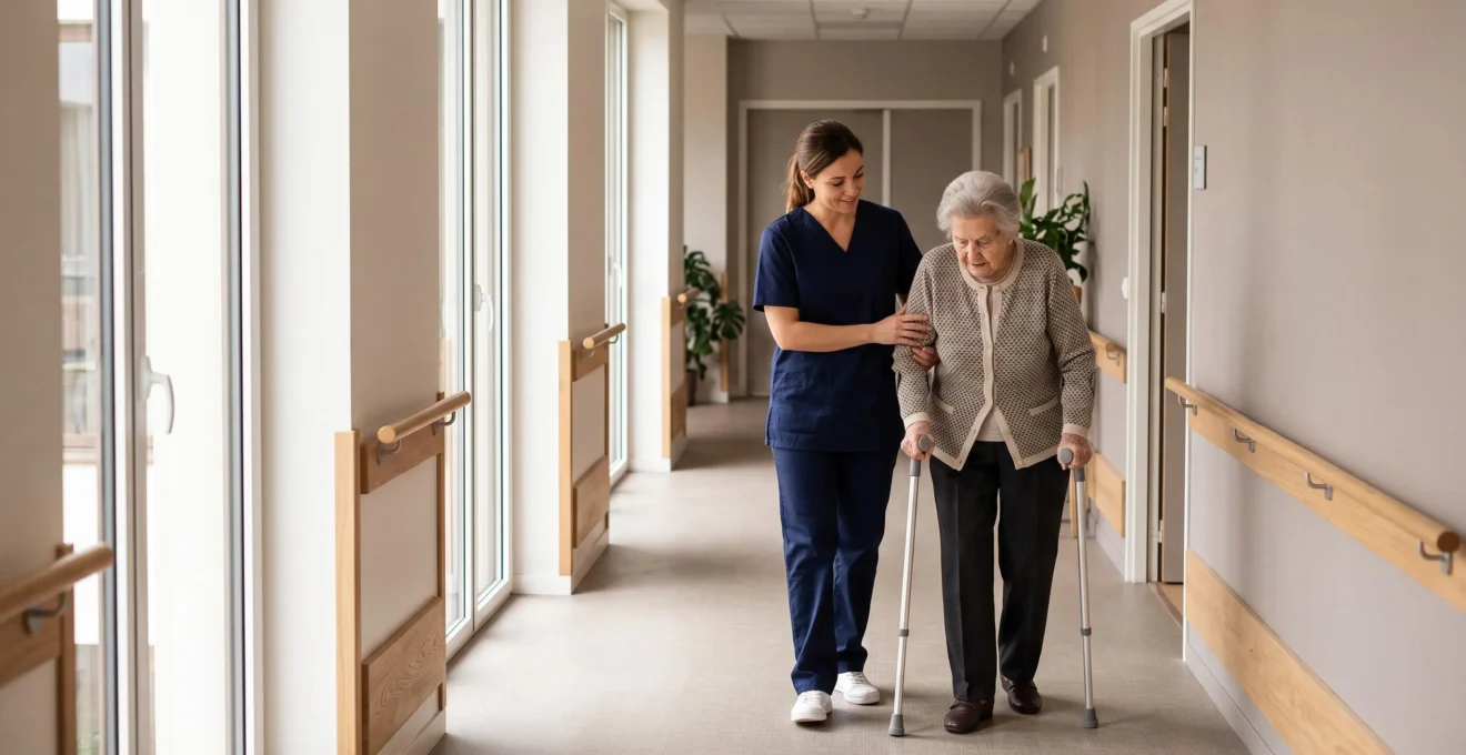 Aide-soignante accompagnant une personne âgée lors d'une marche dans le couloir d'un EHPAD moderne