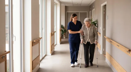 Aide-soignante accompagnant une personne âgée lors d'une marche dans le couloir d'un EHPAD moderne