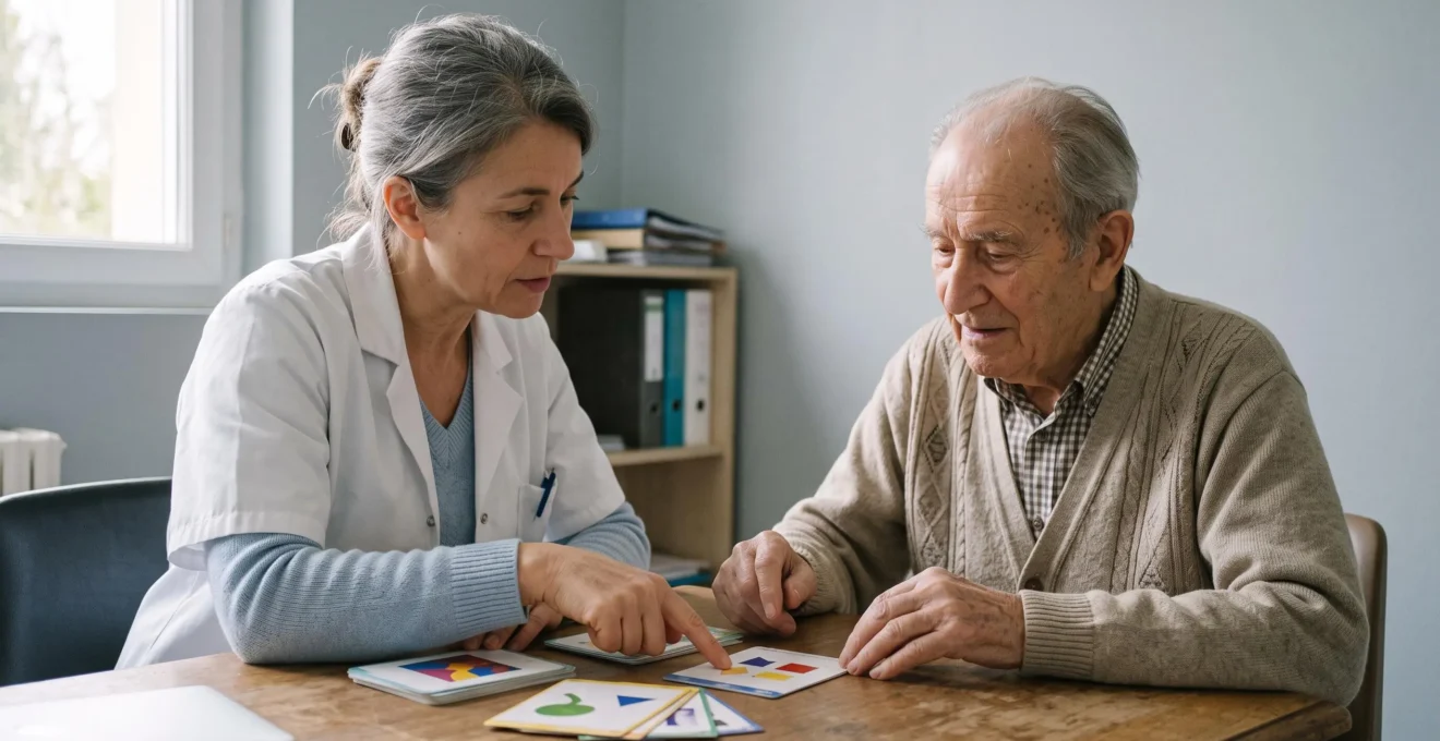 Médecin gériatre réalisant une évaluation cognitive avec un patient âgé dans un bureau médical d'EHPAD