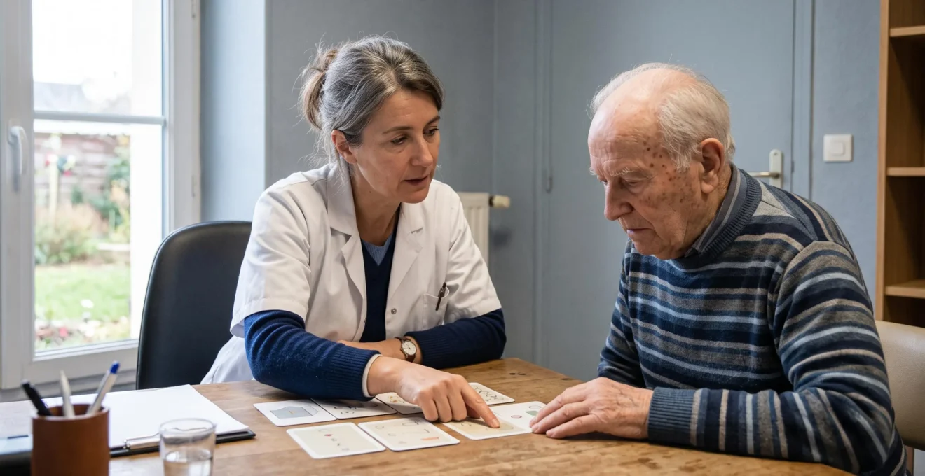 Médecin gériatre réalisant une évaluation cognitive avec un patient âgé dans un bureau médical d'EHPAD