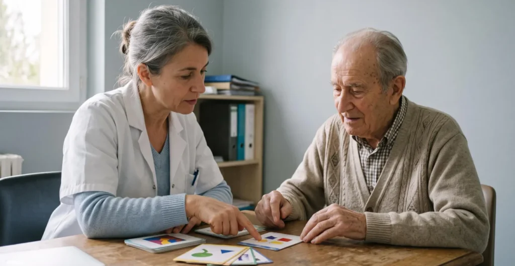Médecin gériatre réalisant une évaluation cognitive avec un patient âgé dans un bureau médical d'EHPAD Médecin gériatre réalisant une évaluation cognitive avec un patient âgé dans un bureau médical d'EHPAD